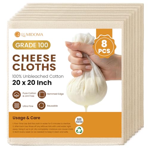LUMIDOMA 8-Pack Unbleached Cheese Cloths, 20x20 Inch, Food-Safe