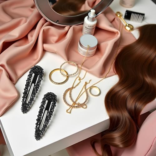 Black Crystal Snap Hair Clips, 3.15 Inch Sparkly Barrette Slides for Women