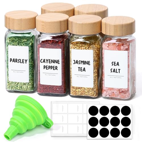 ComSaf 4oz Glass Spice Jars with Bamboo Lids - 6 Pack Starter Set