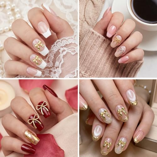 Ouligay 96 PCS Metal Bow Nail Charms 3D Gold and Silver Nail Art Decors