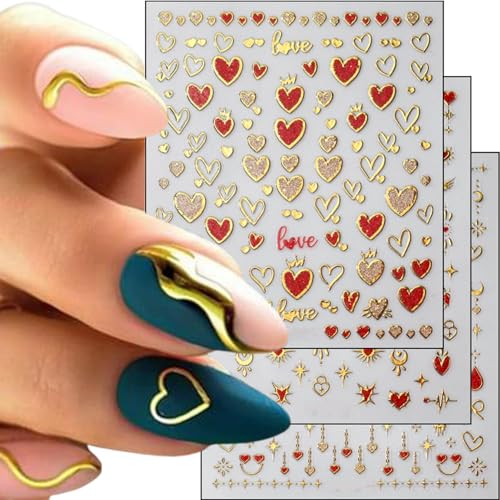 Valentine Heart Nail Art Stickers 3D Self Adhesive Love Decals (3 Sheets)