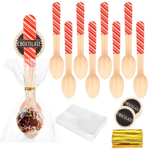 Candy Cane Striped Christmas Wooden Spoon Set with Tags & Bags - Hot Cocoa Stirring Utensils