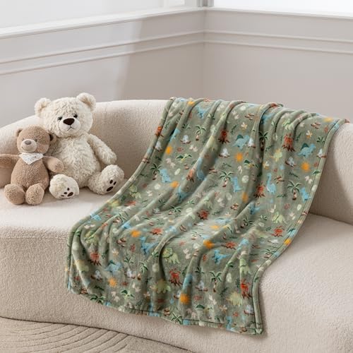Berkshire VelvetLoft Throw Blanket 30x40 in - Soft Fleece Couch & Travel Cover, Dino Pattern, Sage