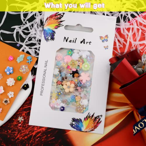 100 Pcs 3D Resin Flower Nail Charms Mixed Floral Studs for DIY Crafts