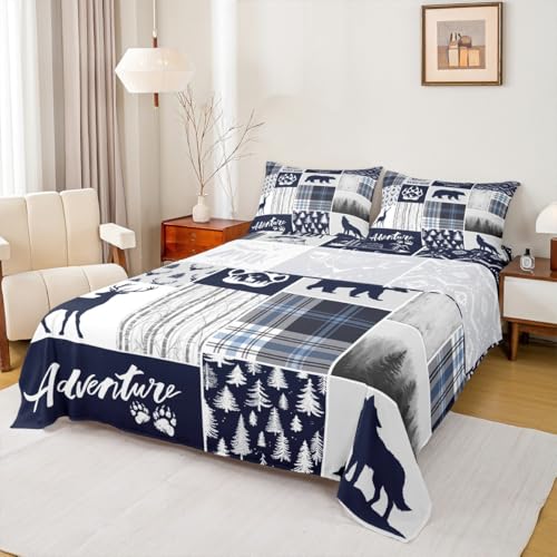 Kids Queen Size Bedding Set - Deer Bear Wolf Hunting Adventure Geometric Plaid Blue Christmas 4pcs