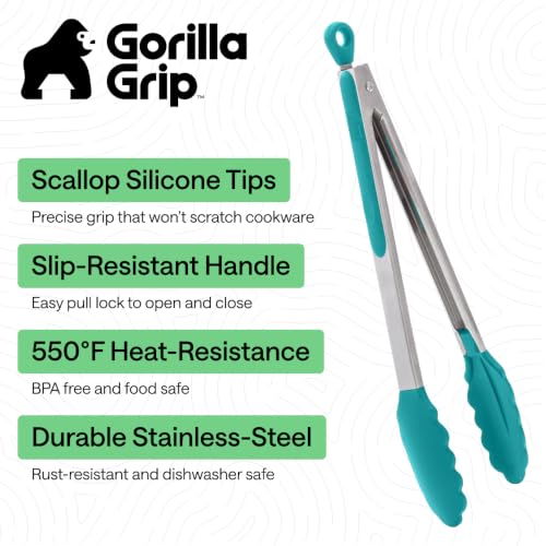 Gorilla Grip 2-Pack Stainless Steel Kitchen Tongs with Silicone Tips - Turquoise, 7 & 9 Inches