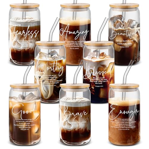 Christian Glass Cup Set - 8 Pcs Bible Verse Coffee Mugs with Bamboo Lids - Classic Variation