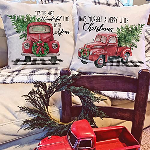 Red Truck Farmhouse Christmas Throw Pillow Covers 18x18 (Set of 2)