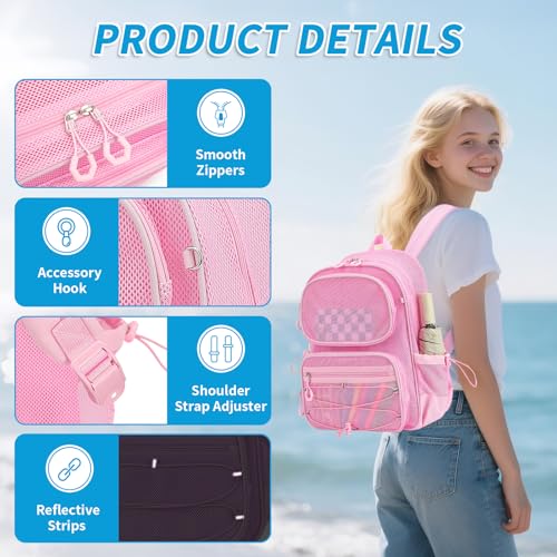MUSEVOS Pink Mesh Backpack, Large See-Through Stadium Approved Bookbag
