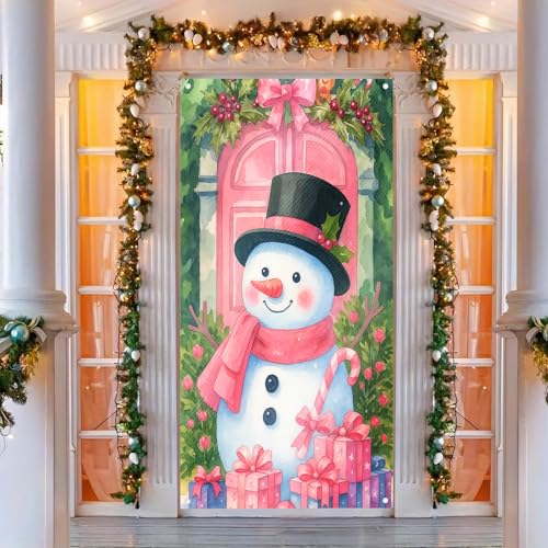BlissYard Pink Snowman Christmas Door Cover 35x71 Inch Wall Banner