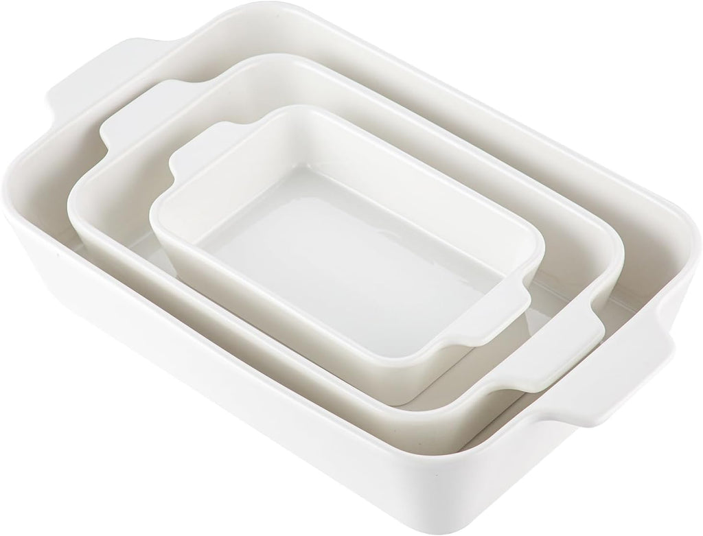 YUN TAO Casserole Dishes - 3-Piece Porcelain Bakeware Set with Handles | Deep Rectangular Lasagna Pans (15.1 Inch, White)