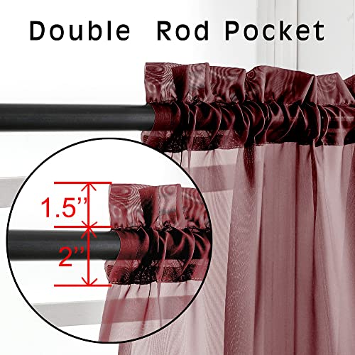 Burgundy Sheer Curtains 42W x 63L Set of 2 - Light Filtering Voile Window Treatments with Rod Pocket & Clip Rings Option (Variation of THIS listing)