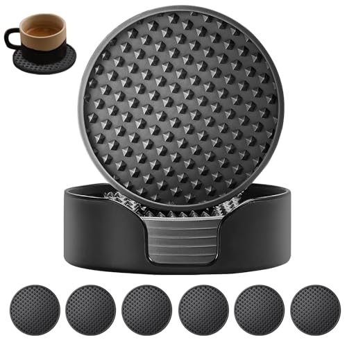 Heat Resistant Silicone Coasters 6 Pack with Holder - Non-Slip