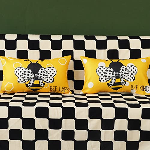 ONWAY 20x12 Inch Summer Throw Pillow Covers Set of 2 - Stripes & Polka Dots Honey Bee Yellow Decorative Lumbar Farmhouse Cushion Case for Sofa Couch Bed