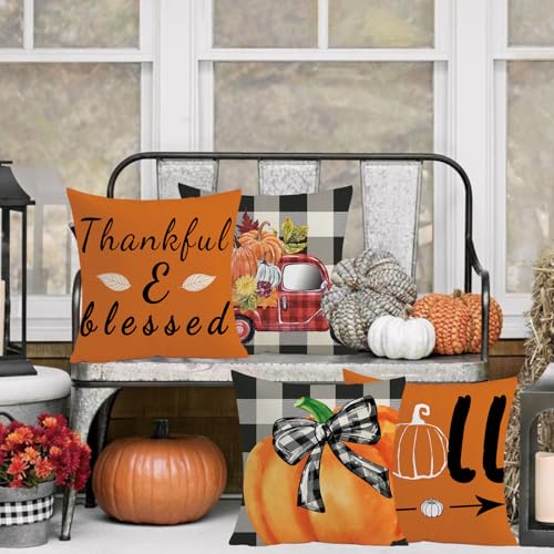 Thanksgiving Fall Pillow Covers Set of 4 - 18x18 Buffalo Check Pumpkin Truck