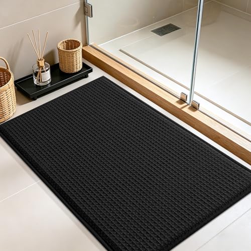 ACCUMTEK Memory Foam Bath Mat - Absorbent Waffle Weave Rug, 24" x 17", Black