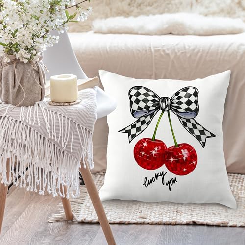 Cherry Pillow Cover 18x18 - Black & White Checkered Bow | JMICPTUB