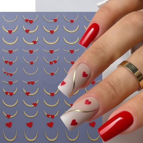 Valentine's Day Heart Nail Art Stickers - 6 Sheets 3D Self-Adhesive French Tip & Red Hearts