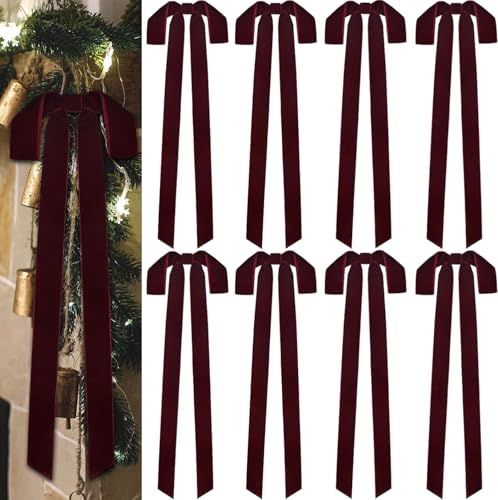 Christmas Velvet Wreath Bows 8 Pcs Large Burgundy 24x12 Inch Rustic Holiday Decor