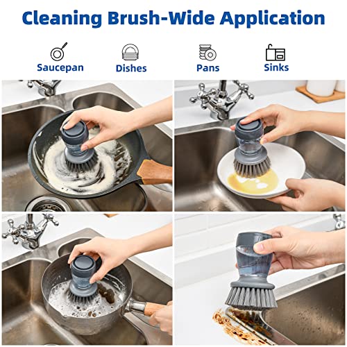 SUBEKYU Soap Dispensing Dish Brush Set with Draining Tray - Grey, 2-Pack