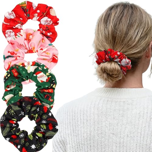 Bookay Christmas Hair Scrunchies 4-Pack Cute Festive Elastic Hair Ties