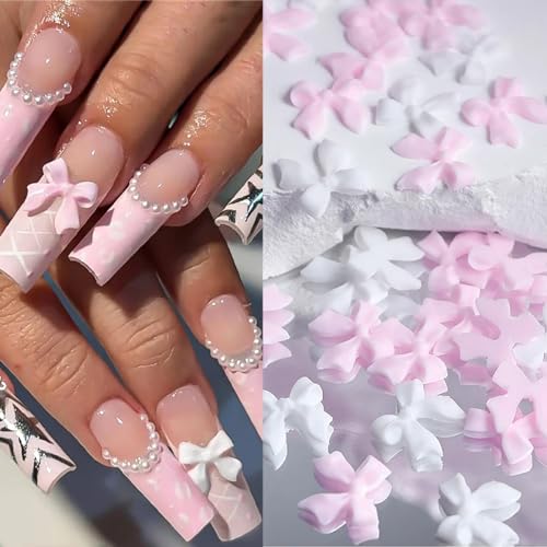 Qdsuh 3D Flower and Bow Nail Charms with Acrylic Gems and Pearls