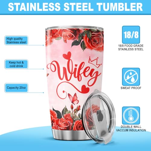 Wife Appreciation Rose Design 20oz Stainless Steel Tumbler - Romantic Gift for Her