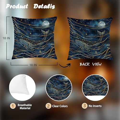 Navy Blue Whale and Moon Pillow Cover 18x18 - Cozy Flannelette Decor