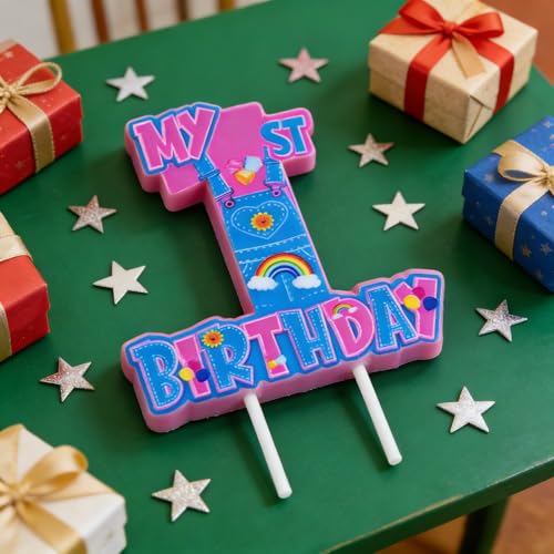 Number 1 Rainbow Birthday Candle - Cute Pink 1st Birthday Cake Topper