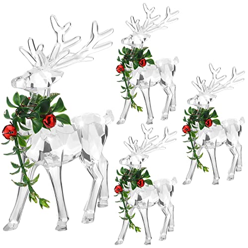 Christmas Acrylic Reindeer Figurines Set with Red Bell Berries - 4 Pieces