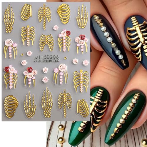 5D Halloween Skeleton Nail Art Stickers - Gothic Rose & Skull Decal Set