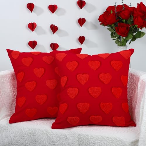 Valentine's Day Heart Throw Pillow Covers Set of 2 18x18 Inch Decorative Cushion Cases