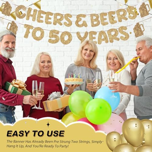 Cheers and Beers to 50 Years Gold Glitter Banner for 50th Birthday Party