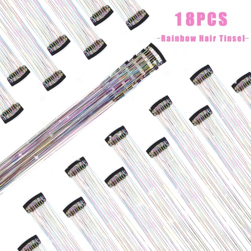 Nielp 18 Pcs Clip-In Hair Tinsel Extensions 20.5 Inch Rainbow Glitter Fairy Hair