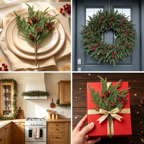 Christmas Norfolk Pine Stems with Pinecones and Red Berries - Dark Green, 12 Pack