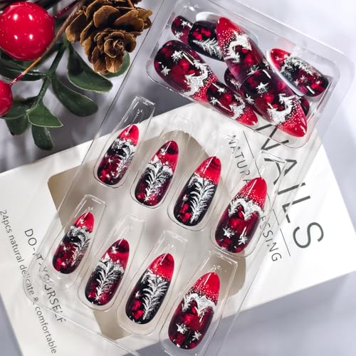 Christmas Press on Nails Medium Almond Fake Nails with Glitter Trees