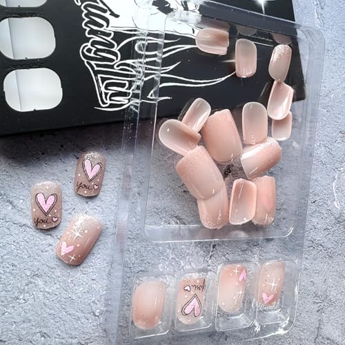 Valentine's Short Square Press on Nails - Pink French Tip Heart Glitter False Nails