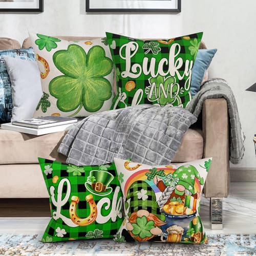 St. Patrick's Day Linen Pillow Covers 18x18, Shamrock Clover Set of 4