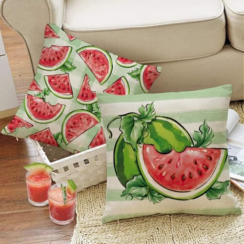 Summer Watermelon Throw Pillow Covers Set of 4 - 16x16 Cotton Linen