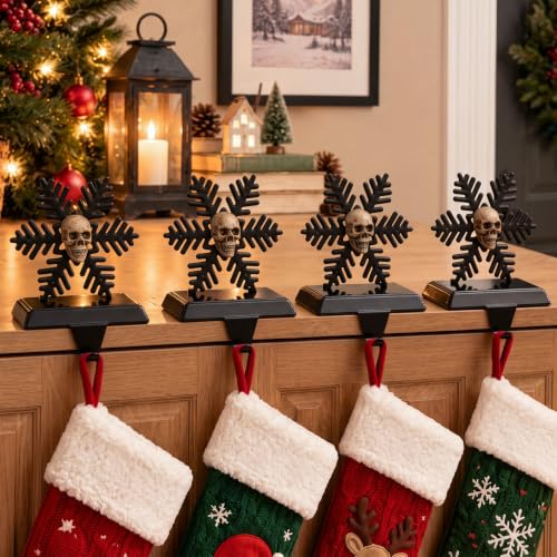Gothic Christmas Stocking Holders Set of 4 Black Snowflake Skull Decor