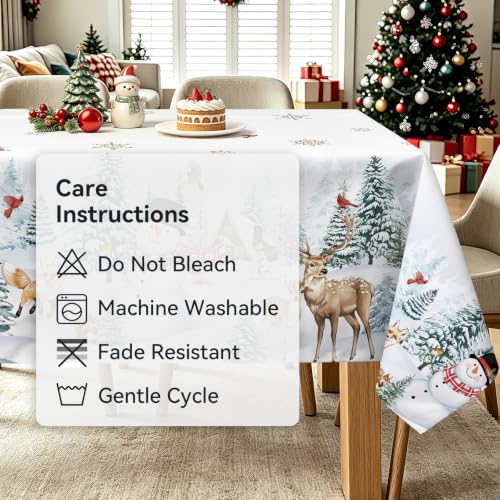 Christmas Snowman Cardinal Deers Tablecloth 60x120 Inch - White, Rectangular