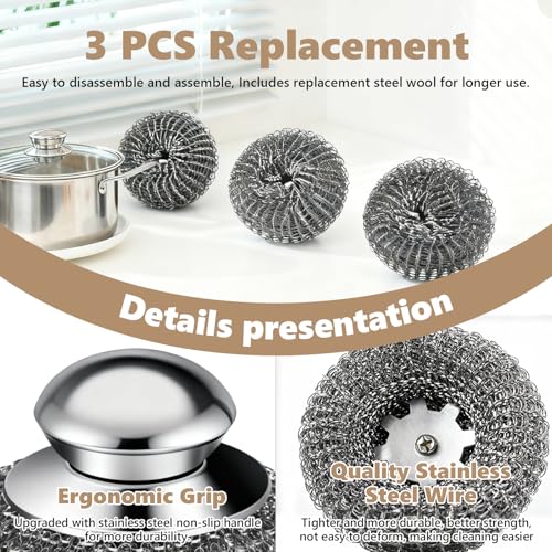 Stainless Steel Wool Scrubber with Handle - 1 Handle & 3 Replacement Pads