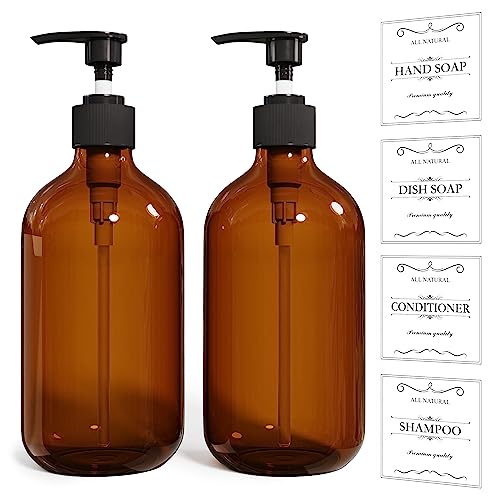 Amber Soap Dispenser Set - 16 Oz Plastic Pump Bottles (2 Pack)