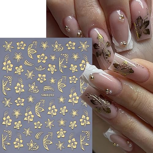 3D Floral Nail Art Stickers Gold & Dark Blue Glitter Decals (4 Sheets)