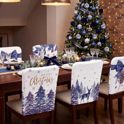 Blue Christmas Chair Cover Set for Dining Room and Kitchen - 6 Pieces