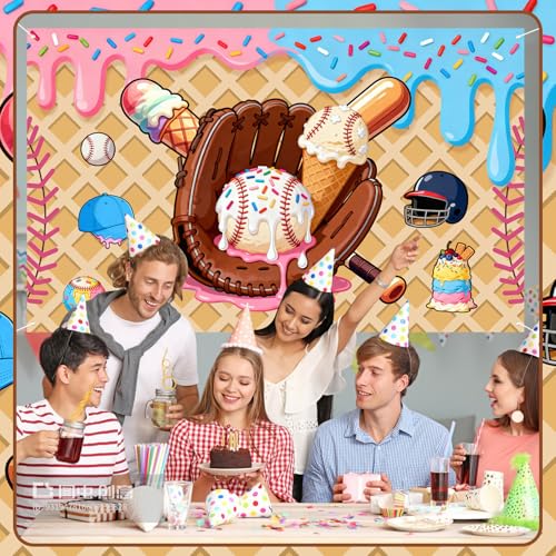 Baseball Ice Cream Drip Birthday Party Backdrop Banner