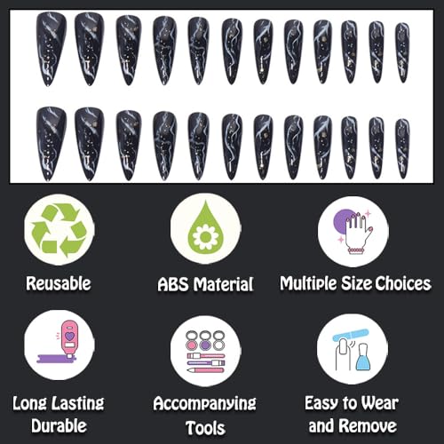 Black Marble Press on Nails Almond Medium Long Acrylic False Nails
