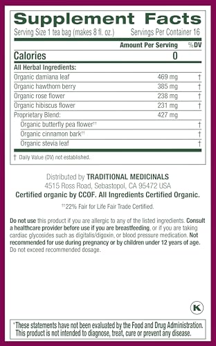 Traditional Medicinals Organic Rosy Mood Tea with Damiana & Butterfly Pea Flower - 16 Tea Bags (Pack of 2)