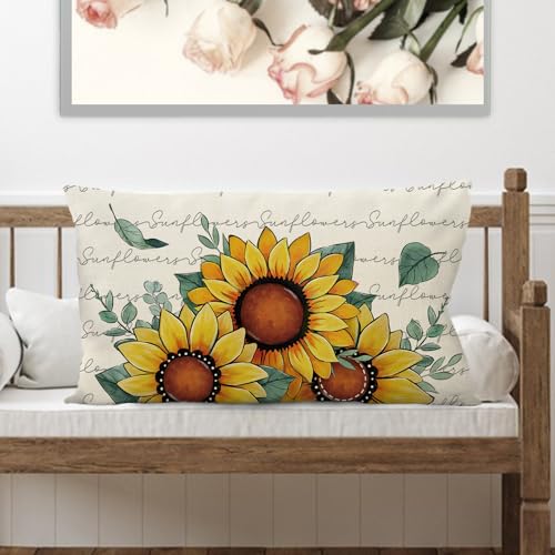Sunflower Lumbar Throw Pillow Cover, 12x20 Inch Cotton Linen Case