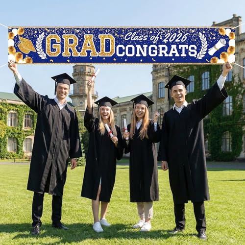 Blue Gold Graduation Banner 2026 - Large Party Decoration